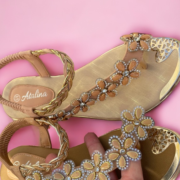 3 Left! Italina Peach Floral Gold Metallic Braided Rhinestone Low Heeled Sandal - Picture 2 of 7